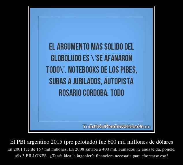 El PBI argentino 2015 (pre pelotudo) fue 600 mil millones de dólares